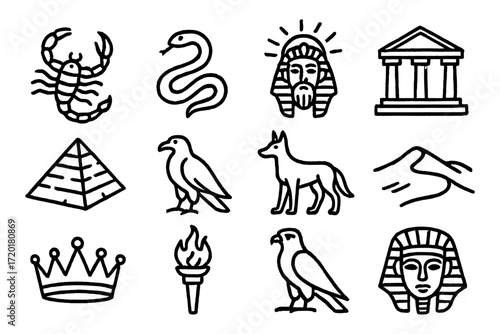 Ancient egyptian icons: hieroglyphic symbols and historical elements