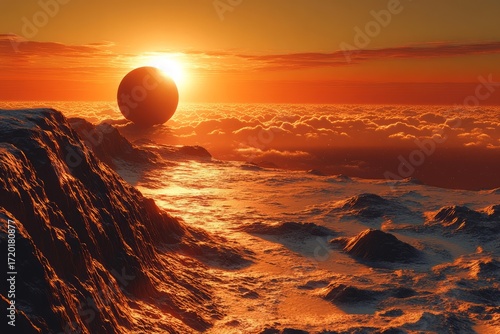 Fiery alien landscape glowing sunset sky surreal mountains horizon futuristic fantasy concept digital art dramatic atmosphere orange light inspiration