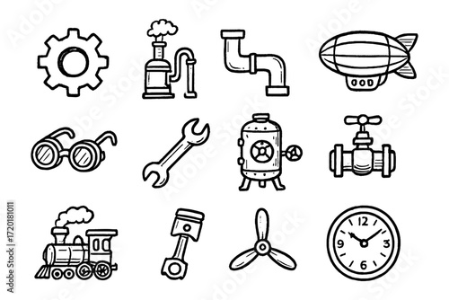 Steampunk doodle icons collection with gears, airship, and clock