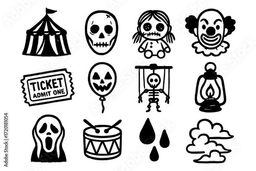 Halloween icons: tent, skull, doll, clown, ticket, balloon, puppet, lantern, scream, drum, raindrop, cloud
