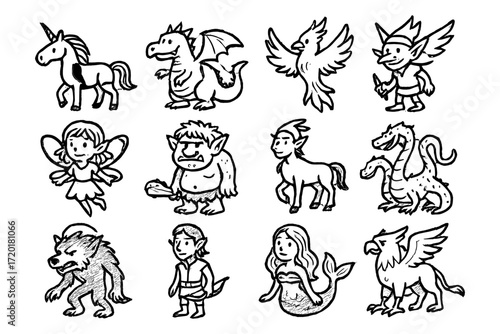 Mythical creatures collection: hand drawn fantasy character set