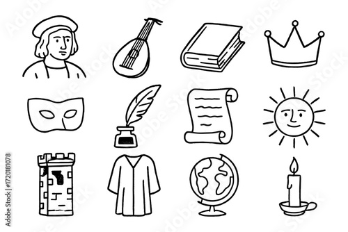 Medieval icons: crown, lute, globe, candle, mask, feather, scroll, sun