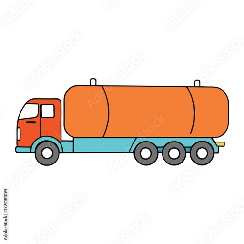 A detailed oil tanker truck coloring page featuring a large fuel transport vehicle with storage tank, wheels, and cab, perfect for kids to color and learn about transport.
