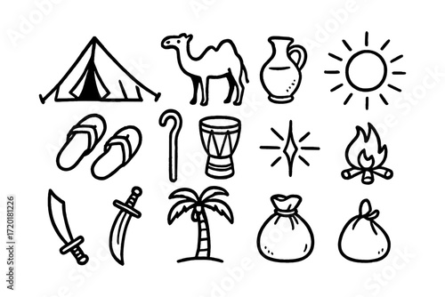Hand-drawn desert adventure icons: camping, camels, sun, palm trees, and more