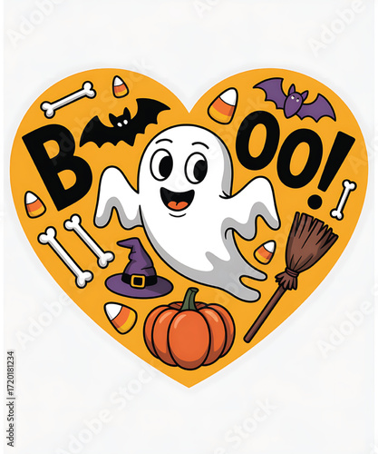 Cute ghost saying boo with halloween elements