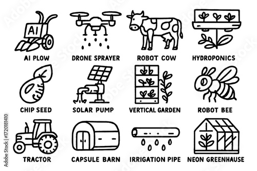 Innovative farming icons: ai, drone, hydroponics, and sustainable agriculture