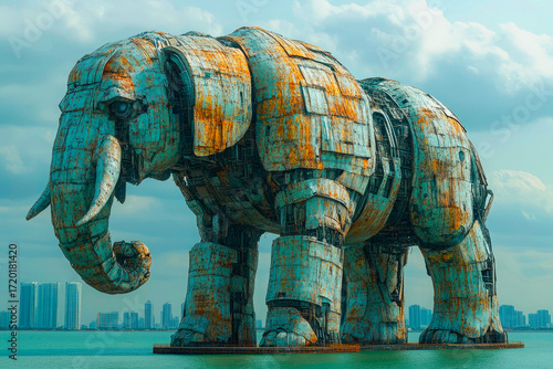 Giant elephant robot rusted metal structure standing in water futuristic city skyline background surreal architecture monumental sculpture fantasy concept design