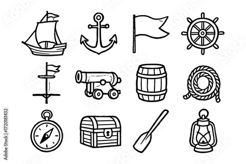 Nautical icons collection: sailboat, anchor, cannon, and more in hand-drawn style