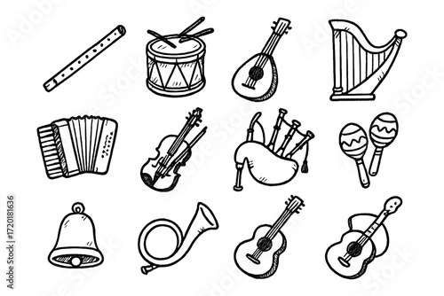 Hand drawn musical instruments collection featuring diverse classic designs