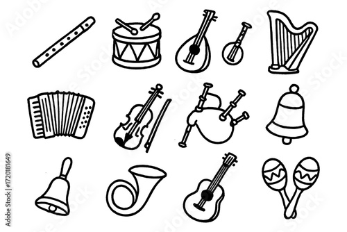 Hand drawn musical instruments collection: drum, harp, guitar, flute, violin, accordion, bagpipes