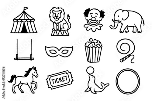 Circus icons collection: hand drawn black and white doodles