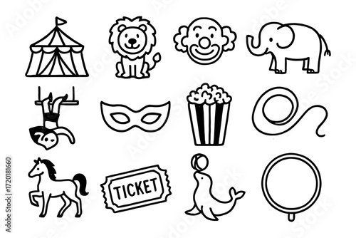 Circus icons set: fun and playful black and white outlines