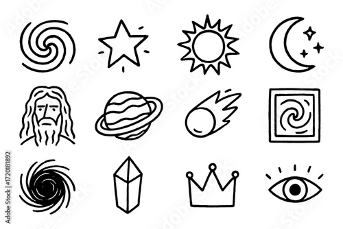 Hand drawn celestial and mystical symbols with planets and stars