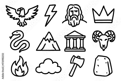 Ancient mythology icons: gods, nature elements, and symbols in bold outline