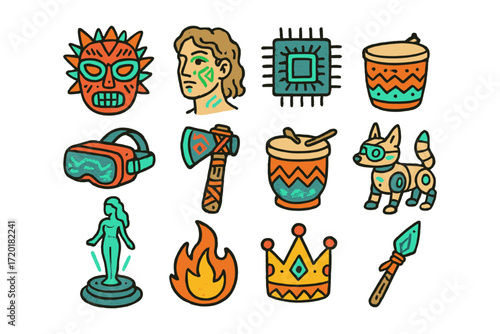 Ancient and futuristic icons: mythical, tribal, and tech elements