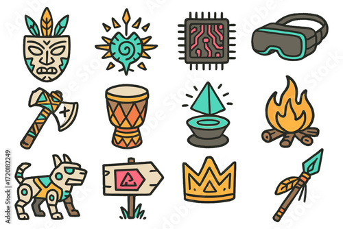 Tribal and tech fusion icon collection in hand-drawn style