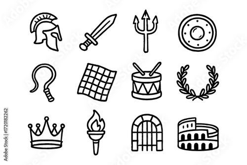 Ancient rome icon set: gladiator, helmet, sword, shield, laurel wreath, coliseum