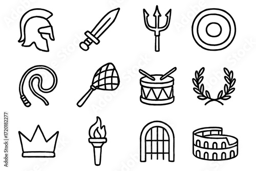 Set of hand drawn ancient roman icons: weapons, laurel, coliseum