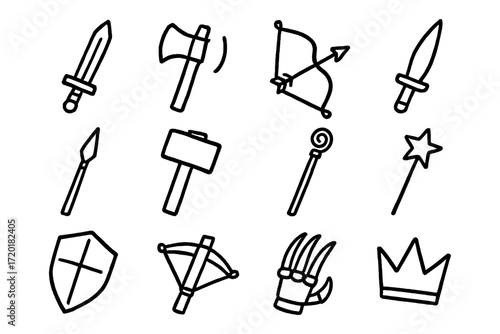 Hand drawn fantasy weapon and magic icons set