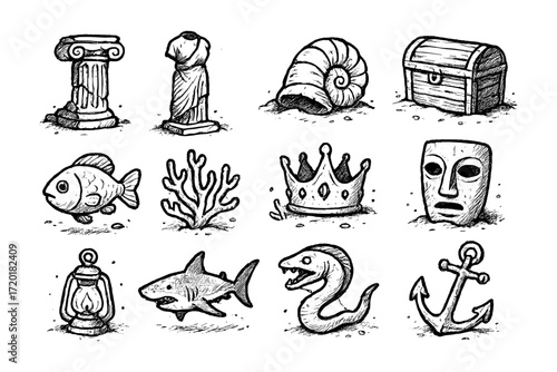 Hand drawn nautical and ancient artifact collection in black and white