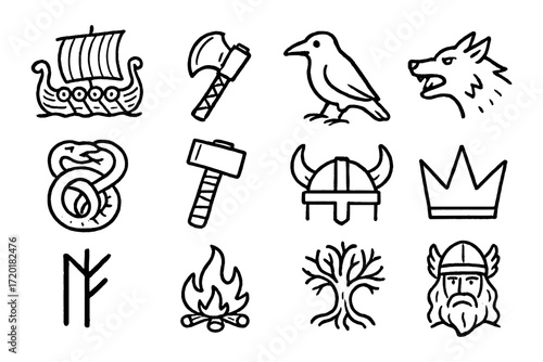 Viking icons: norse symbols featuring ships, axes, and mythical creatures in linear style