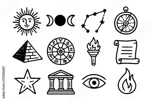 Mystical symbols collection featuring celestial, zodiac, and ancient elements