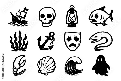 Black and white nautical and sea creature icons with spooky elements