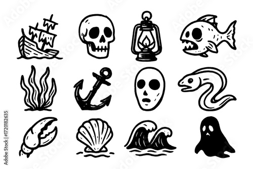Nautical adventure icons: ghosts, anchors, and underwater creatures in black ink style