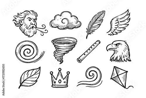 Nature and myth: hand-drawn elements of wind and flight