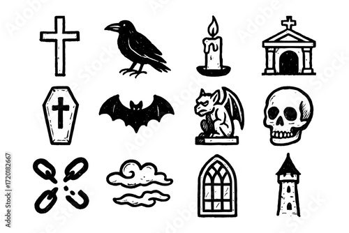 Spooky gothic icons: cross, raven, candle, church, coffin, bat, gargoyle, skull, clouds, stained glass