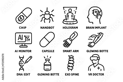 Futuristic healthcare icons featuring nanobot, brain implant, and ai technologies in bold outline style