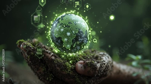 A futuristic looping animation showing a human hand presenting a radiant holographic Earth above fertile soil, encircled by floating eco-friendly technology icons. This seamless digital scene symboliz