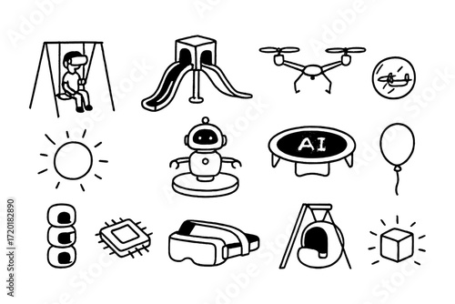 Playful hand drawn doodles of technology and childhood elements with robots drones and swings
