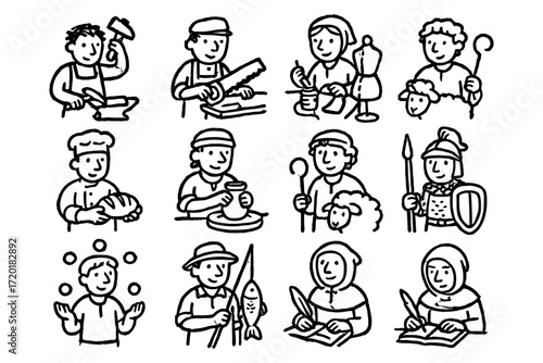 Hand-drawn medieval and modern occupations set featuring diverse professions