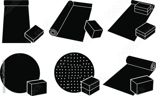 Black silhouette sanding icons, abrasive sheets, sanding blocks, circular pads, rolled sandpaper, construction tools, industrial surface, workshop, repair, DIY