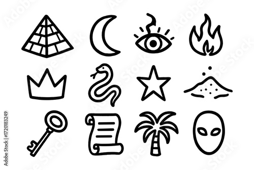 Mystical symbols collection: bold black line art of iconic shapes