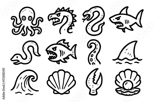Hand-drawn sea creature icons: octopus, shark, shell, and more