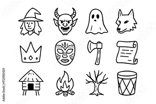 Spooky halloween doodles with witch, ghost, and mask in black and white