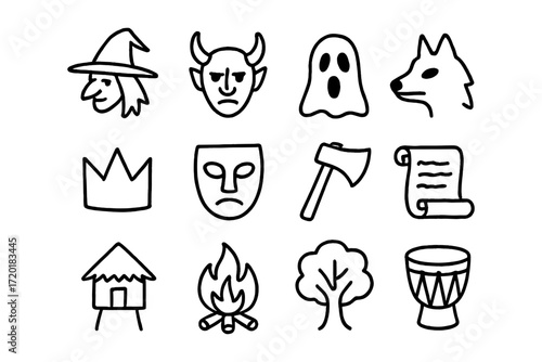 Hand drawn halloween and fantasy icons set