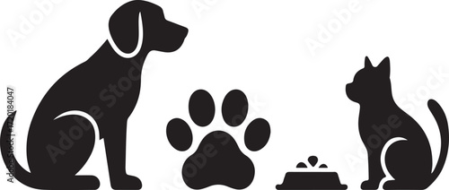 Cute dog and cat silhouettes with food bowl icon set