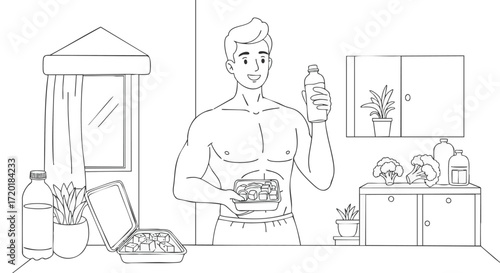 Man with Healthy Food and Drink at Home Outline
