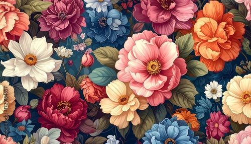 A vibrant floral pattern, with a plethora of blooming flowers in various shades