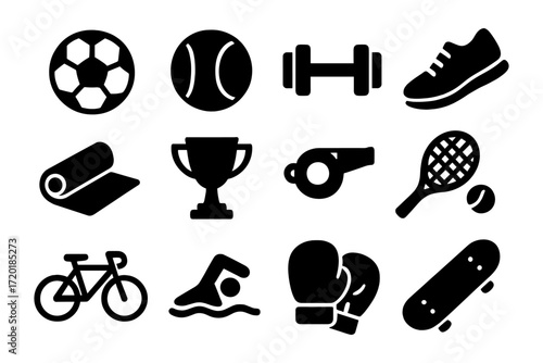 Silhouette sports icons set: fitness, ball games, and outdoor activities