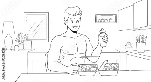 Healthy lifestyle illustration of a fit man enjoying a balanced meal and hydration post-workout, demonstrating dedication to nutrition and personal well-being in a modern home setting