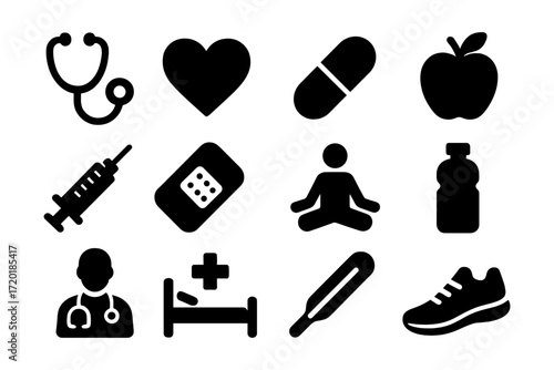 Healthcare icons set with medical tools, wellness, and fitness symbols in bold silhouette style