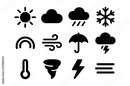 Weather icon set: bold black symbols for forecasts and conditions