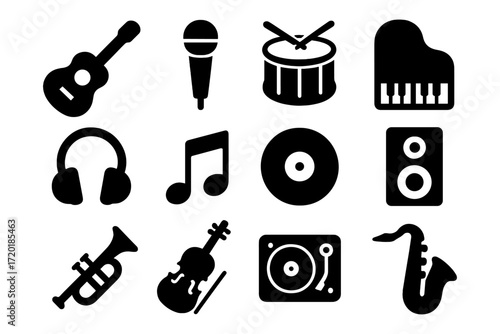 Musical instrument icons set featuring guitar, microphone, and more