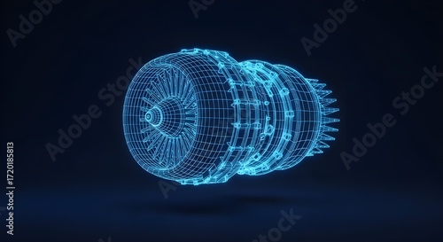 Airplane engine Blue Wireframe 3D Model of a Jet Engine Turbine on Dark Background aircraft aviation