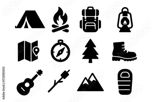 Camping adventure icons: essential outdoor gear silhouettes for nature enthusiasts