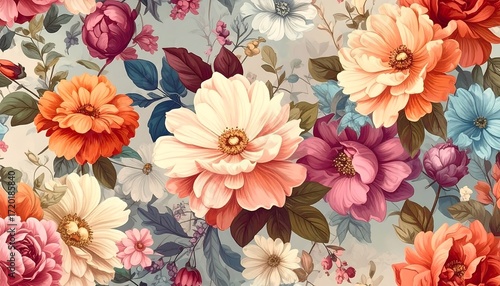 A vibrant floral pattern with a variety of blossoms and leaves